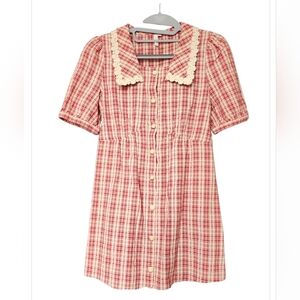 Girls Red Plaid Dress with Lace Collar